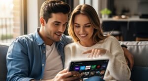 Zwei Personen diskutieren und vergleichen eine lukrative iptv aanbieding auf einem Tablet.