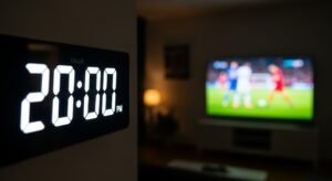 Eine Uhr zeigt die abendliche Primetime an, während im Hintergrund ein spannendes Sportevent über IPTV auf dem Fernseher läuft.