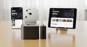 Verschiedene Geräte wie Fire Stick, Tablet und Smartphone für IPTV Tests
