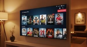 Eine attraktive iptv aanbieding auf einem modernen Smart-TV Bildschirm mit leuchtenden Farben und Filmcovern.