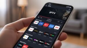 Ein Smartphone zeigt eine moderne App-Oberfläche für eine günstige iptv aanbieding an.