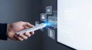Eine Hand hält eine Fernbedienung und richtet über eine digitale Benutzeroberfläche die Zugangsdaten für eine IPTV-App ein.