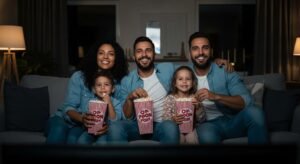 Zufriedene Familie genießt einen Filmabend im Wohnzimmer dank einer premium iptv aanbieding.