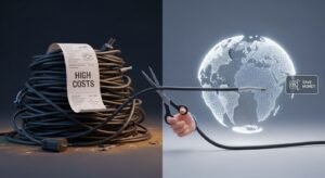Eine vergleichende Illustration zwischen teuren Kabelgebühren und der kostengünstigen, digitalen Freiheit von IPTV-Streaming.