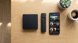 Ein modernes Smartphone und eine Android TV Box, ideal für jeden, der IPTV vergelijken möchte.