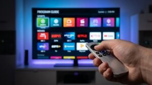 Eine Person, die mit einer Fernbedienung verschiedene IPTV Anbieter vergleichen und Sender auswählen möchte.