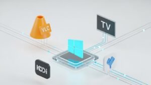 3D-Illustration verschiedener Windows IPTV Player Software-Optionen wie VLC und Kodi.