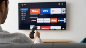 Persoon installeert of gebruikt IPTV op een smart-tv in een moderne woonkamer, wijzend met de afstandsbediening naar de kleurrijke en gebruiksvriendelijke interface van de app.
