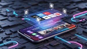 Zukunft von IPTV Apps auf iPhone mit holografischer Benutzeroberfläche und Streaming-Trends.