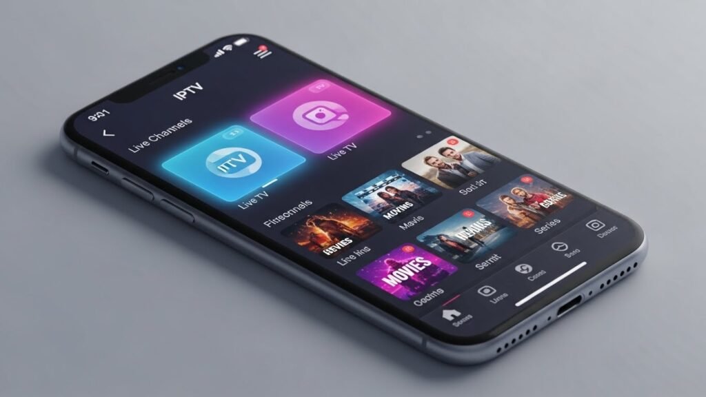iPhone mit einer IPTV App auf dem Bildschirm, die Live-TV, Filme und Serien anzeigt.