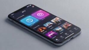 iPhone mit einer IPTV App auf dem Bildschirm, die Live-TV, Filme und Serien anzeigt.