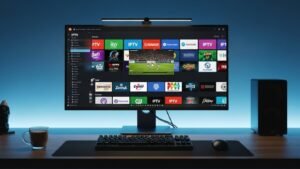 Ein moderner Windows-PC-Monitor zeigt einen Windows IPTV Player mit einer Übersicht von Fernsehsendern und einem Fußballspiel.