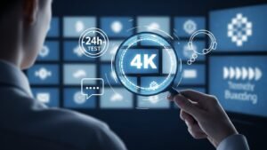 Eine Person, die mit einer Lupe die Qualität eines IPTV-Streams überprüft. Dies symbolisiert den wichtigen Prozess, einen Anbieter zu testen, um das beste IPTV zu finden.