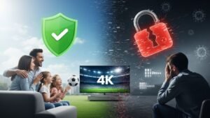 A comparison image showing the safety of legal IPTV with a green shield and clear picture, versus the risk of illegal IPTV with a broken padlock and glitching screen.