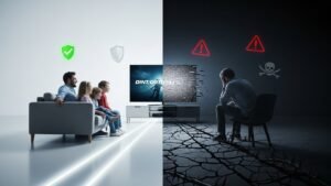 Visuele vergelijking die het verschil toont tussen legale IPTV (een veilige, heldere weg voor een gezin) en illegale IPTV (een donkere, risicovolle weg met waarschuwingssymbolen en slechte beeldkwaliteit).