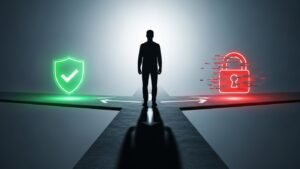 Symbolbild, das die Wahl zwischen legalem, sicherem IPTV (grünes Schild) und illegalem, riskantem IPTV (rotes Schloss) darstellt.