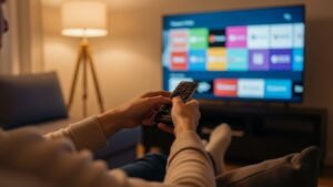 Eine Person, die IPTV auf einem modernen Smart-TV in einem Wohnzimmer nutzt, was die moderne Art des Fernsehens veranschaulicht.