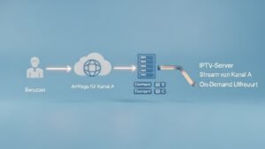 Infografik, die erklärt, wie IPTV funktioniert: Ein Benutzer fordert einen Stream von einem Server an, der nur den ausgewählten Kanal sendet.