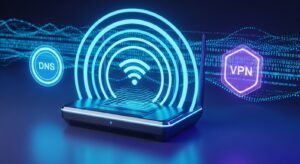 Illustration eines schnellen Routers mit Symbolen für DNS-Optimierung und VPN für IPTV.