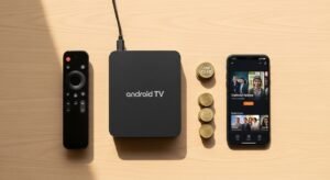 Günstige IPTV-Hardware wie eine Android-Box und ein Smartphone auf einem Schreibtisch.