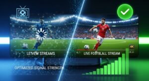 Ein visueller Vergleich zwischen einem ruckelnden IPTV-Stream mit Lade-Symbol und einem flüssigen, hochauflösenden 4K-Live-Stream.