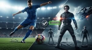 Ein geteilter Bildschirm, der Live-Fußball und einen Film in 4K-Qualität als Teil einer IPTV-Qualitätsprüfung zeigt.