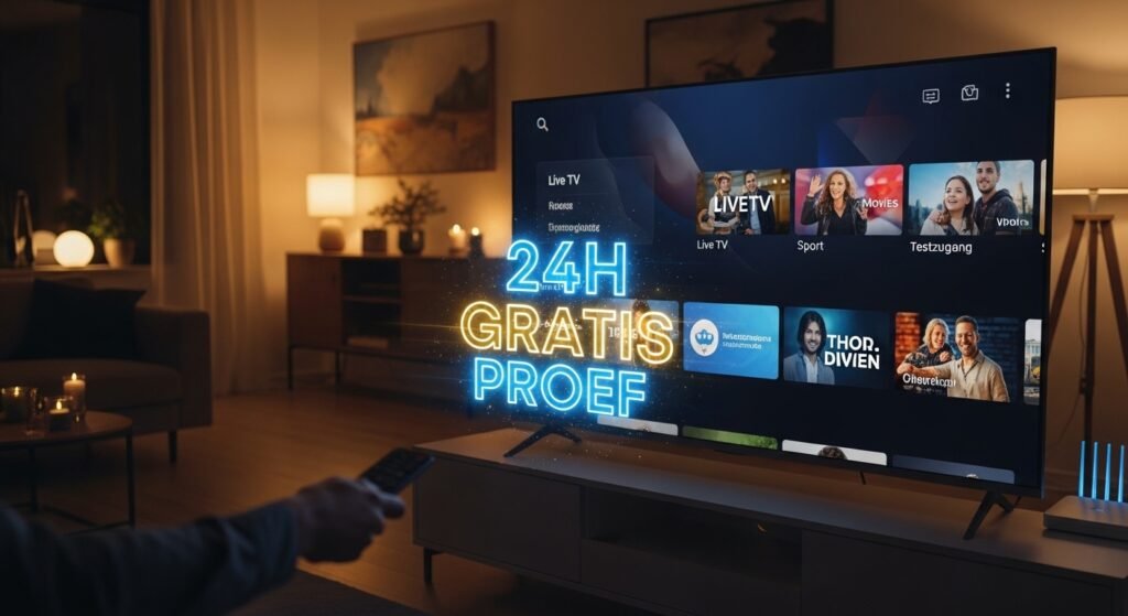 Ein moderner Smart TV im Wohnzimmer zeigt eine IPTV-Benutzeroberfläche mit einem digitalen Banner "24H GRATIS PROEF