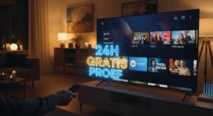 Ein moderner Smart TV im Wohnzimmer zeigt eine IPTV-Benutzeroberfläche mit einem digitalen Banner "24H GRATIS PROEF