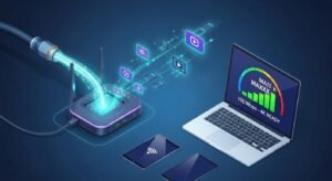 Eine Illustration, die schnelles Internet und Datenfluss für 4K IPTV-Streaming ohne Buffering zeigt.