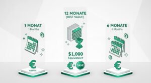 Eine isometrische Vektorgrafik, die drei Preissäulen vergleicht: 1 Monat, 6 Monate und 12 Monate für ein IPTV-Abonnement.