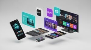 Eine moderne 3D-Illustration, die verschiedene Geräte wie Smartphones und Smart-TVs zeigt, auf denen verschiedene IPTV-Player-Apps laufen.