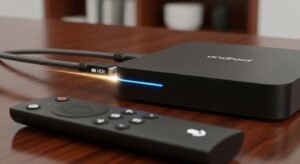 Eine leistungsstarke Android TV Box mit angeschlossenem HDMI- und Ethernet-Kabel für stabiles IPTV-Streaming.