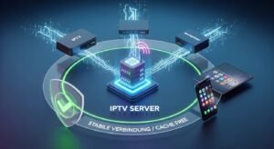 3D-Konzeptgrafik, die den stabilen Datenfluss von einem IPTV-Server zu verschiedenen Endgeräten wie TV-Box und Smartphone während eines Tests zeigt.