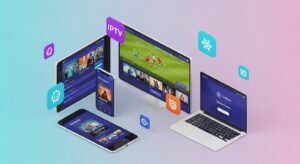 Eine Illustration verschiedener Geräte (TV, Tablet, Smartphone, Laptop), die synchronisierte IPTV-Apps für ein Abonnement anzeigen.
