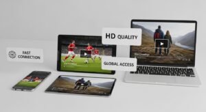 Smartphone, Tablet und Laptop zeigen gleichzeitig verschiedene HD-Streams, um die Flexibilität von IPTV-Diensten zu verdeutlichen.