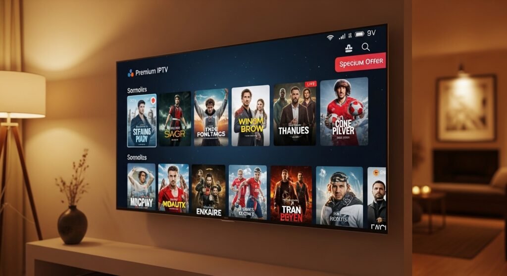 Eine attraktive iptv aanbieding auf einem modernen Smart-TV Bildschirm mit leuchtenden Farben und Filmcovern.