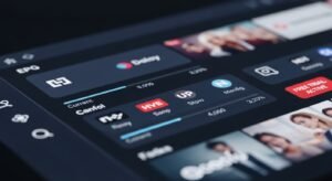 Nahaufnahme einer modernen IPTV-Benutzeroberfläche mit einem übersichtlichen Programmführer und hoher Bildauflösung.